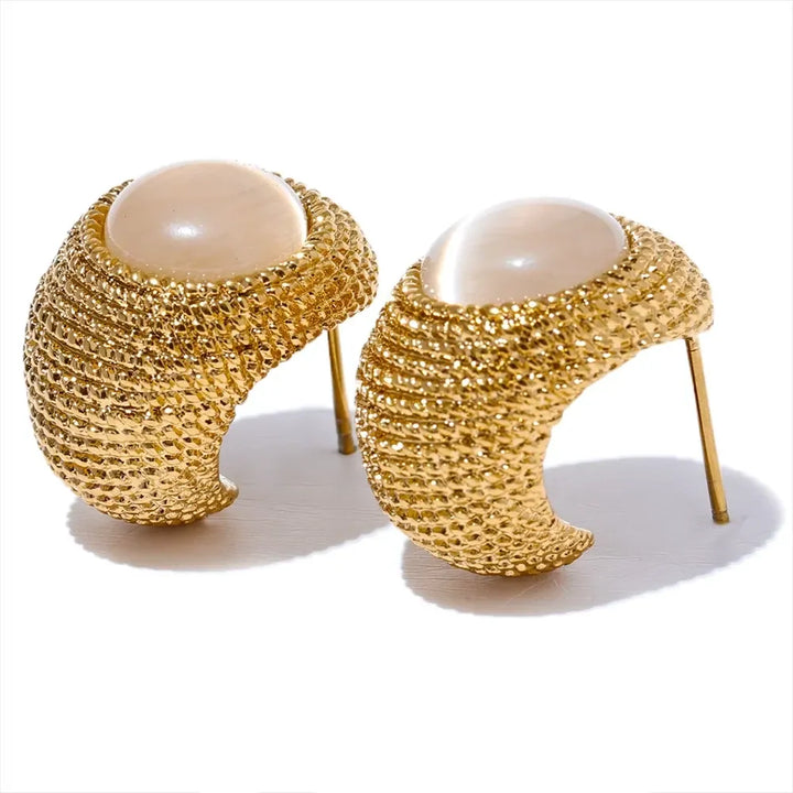 Gold Plated Natural Stone Weave Textured Stud Earrings - Dazzle Jewellery