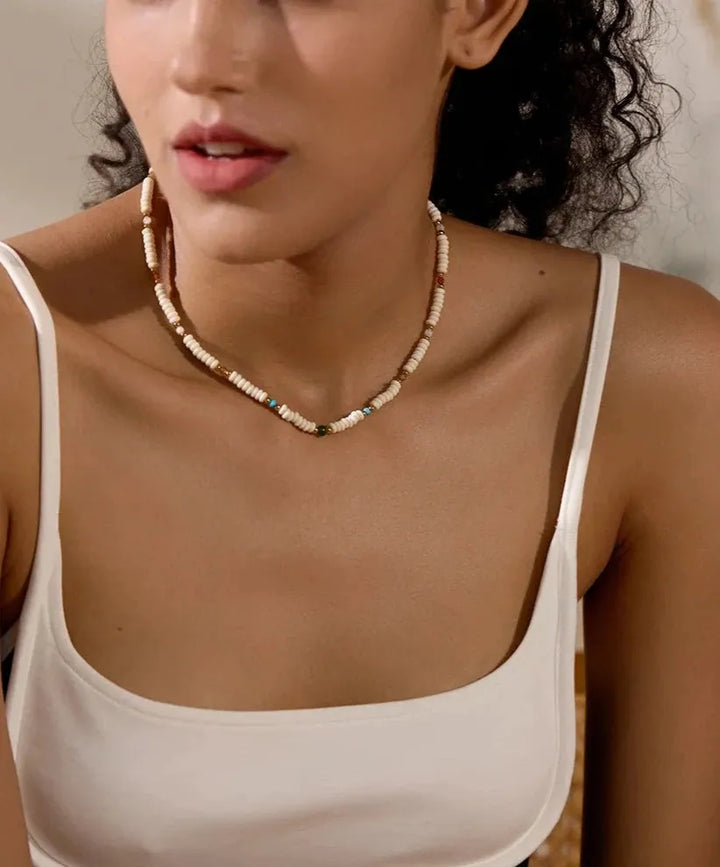 Gold plated natural stone white turquoise beads necklace