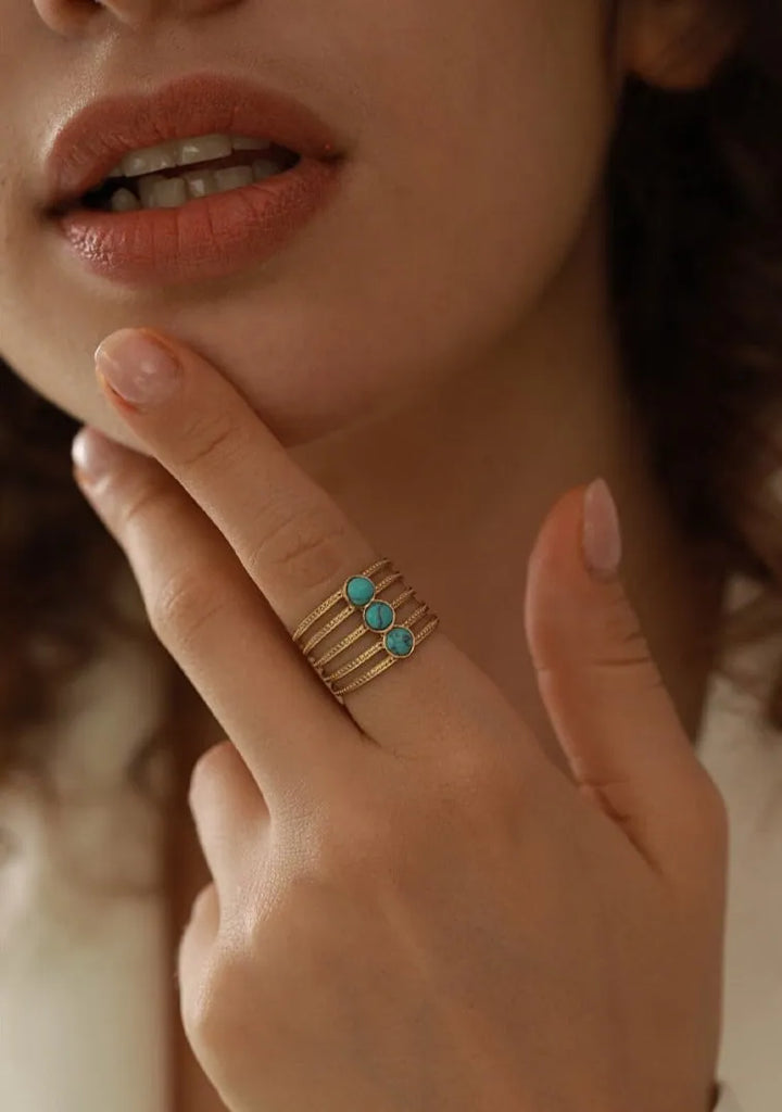 Gold plated natural turquoise triple stone ring