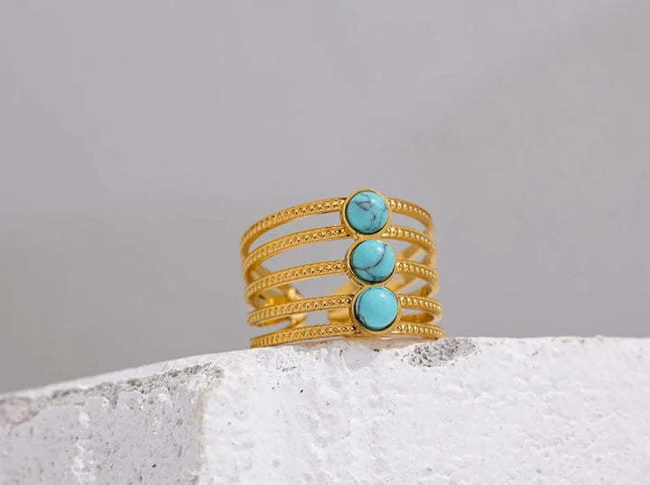 Gold plated natural turquoise triple stone ring