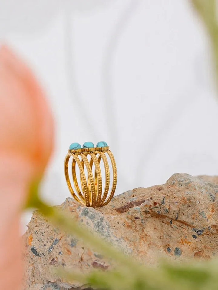 Gold plated natural turquoise triple stone ring