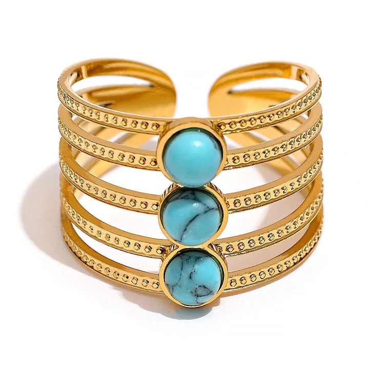 Gold Plated Natural Turquoise Triple Stone Ring - Dazzle Jewellery