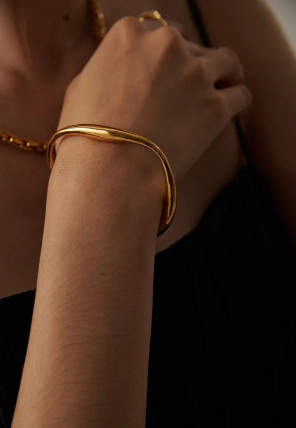Gold plated open cuff bangle bracelet & ring set