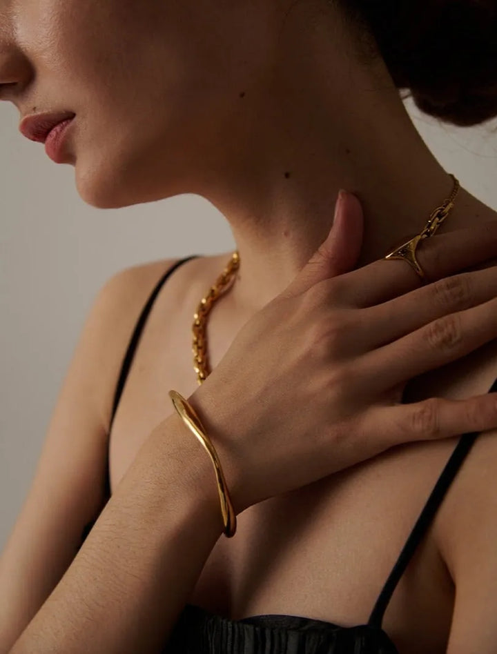 Gold plated open cuff bangle bracelet & ring set