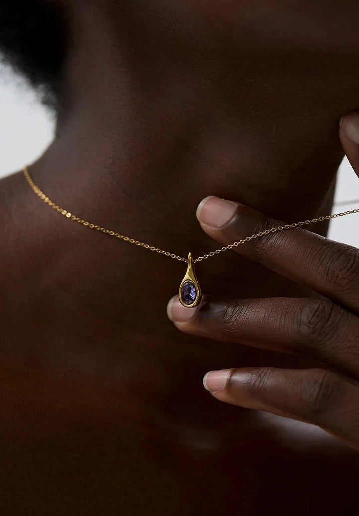 Gold plated purple cubic zirconia water drop pendant necklace