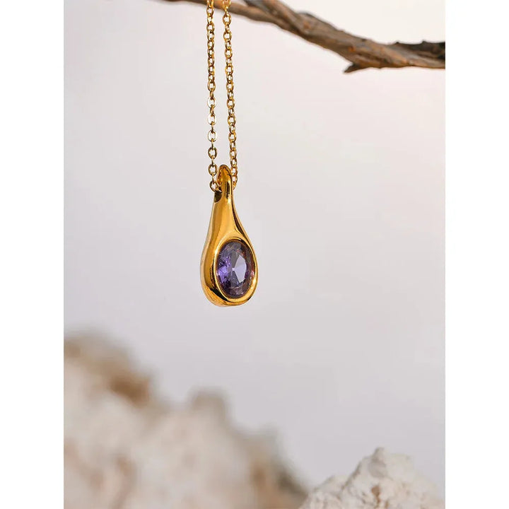 Gold plated purple cubic zirconia water drop pendant necklace