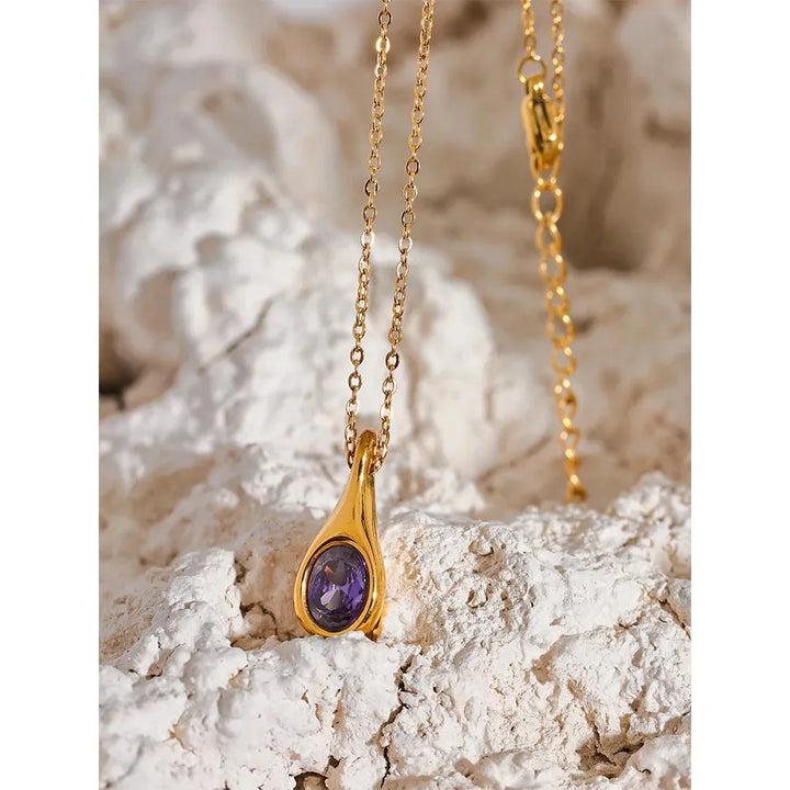 Gold plated purple cubic zirconia water drop pendant necklace