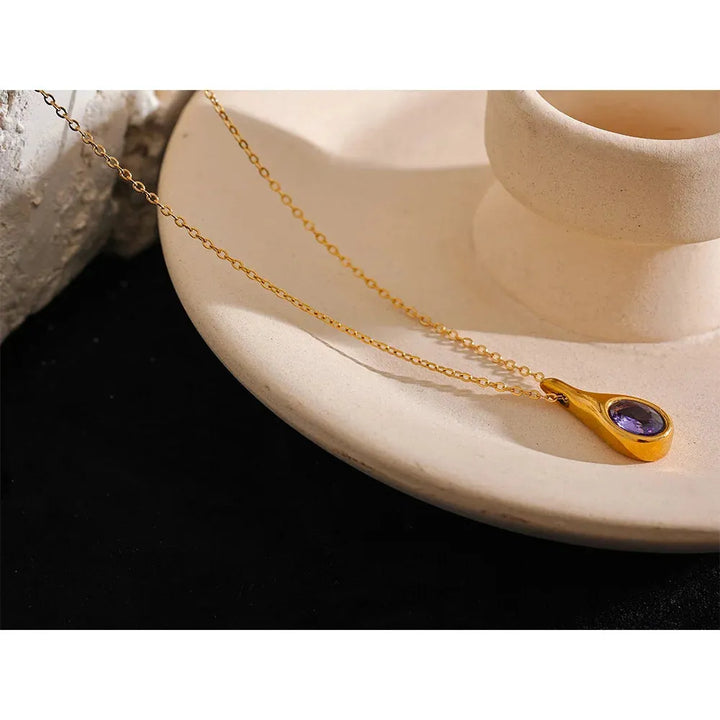 Gold plated purple cubic zirconia water drop pendant necklace