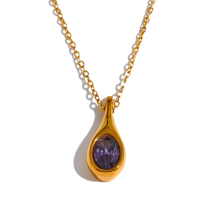 Gold Plated Purple Cubic Zirconia Water Drop Pendant Necklace - Dazzle Jewellery