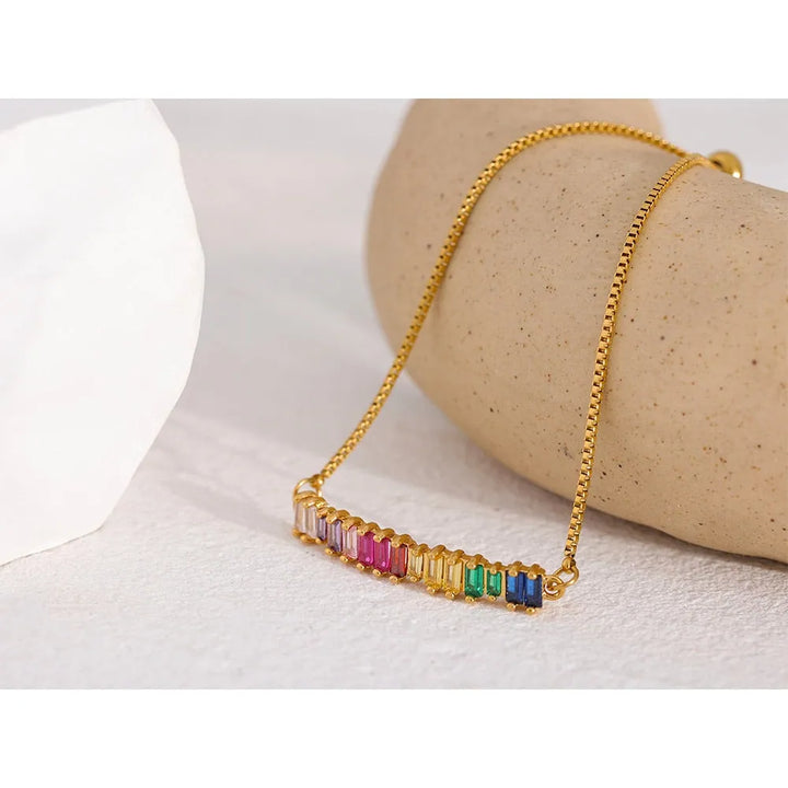 Gold plated rainbow cubic zirconia slider bracelet