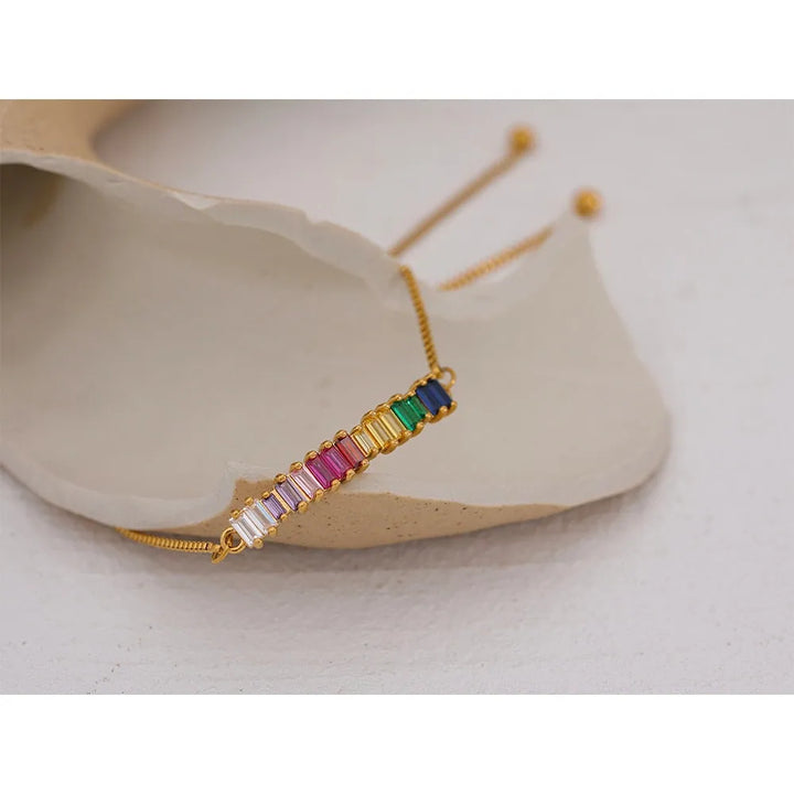 Gold plated rainbow cubic zirconia slider bracelet