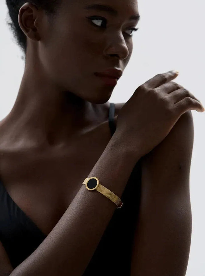 Gold plated roman numerals round black acrylic adjustable bracelet