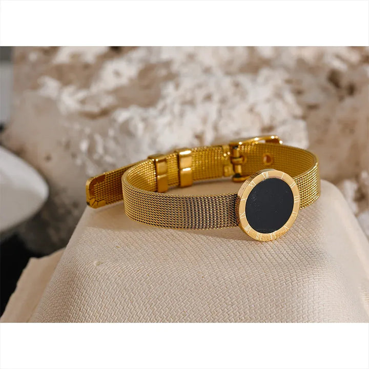 Gold plated roman numerals round black acrylic adjustable bracelet