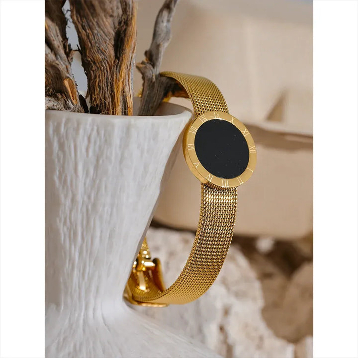 Gold plated roman numerals round black acrylic adjustable bracelet