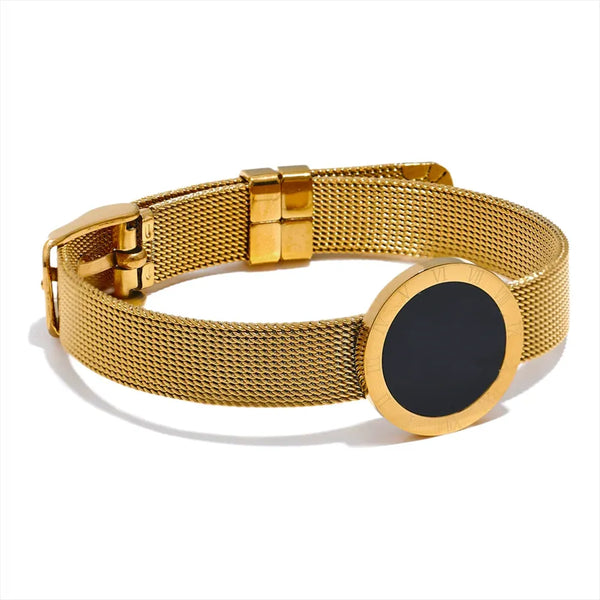 Gold Plated Roman Numerals Round Black Acrylic Adjustable Bracelet - Dazzle Jewellery