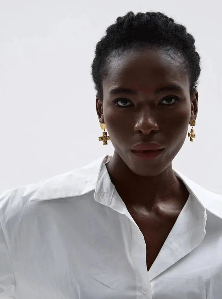 Gold plated square cross classic drop earrings