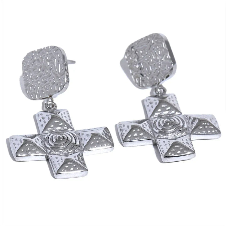 Gold plated square cross classic drop earrings