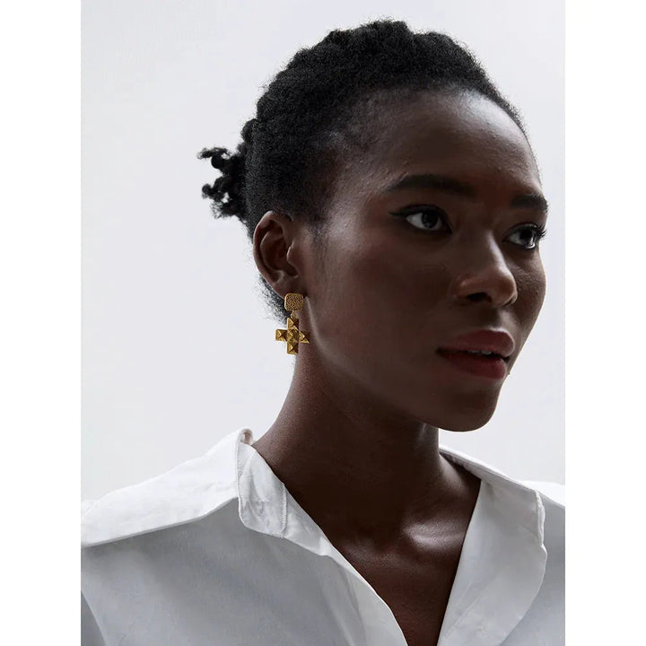 Gold plated square cross classic drop earrings