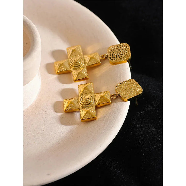 Gold plated square cross classic drop earrings