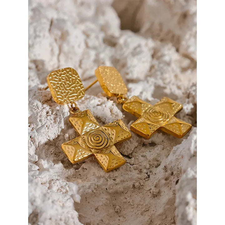 Gold plated square cross classic drop earrings