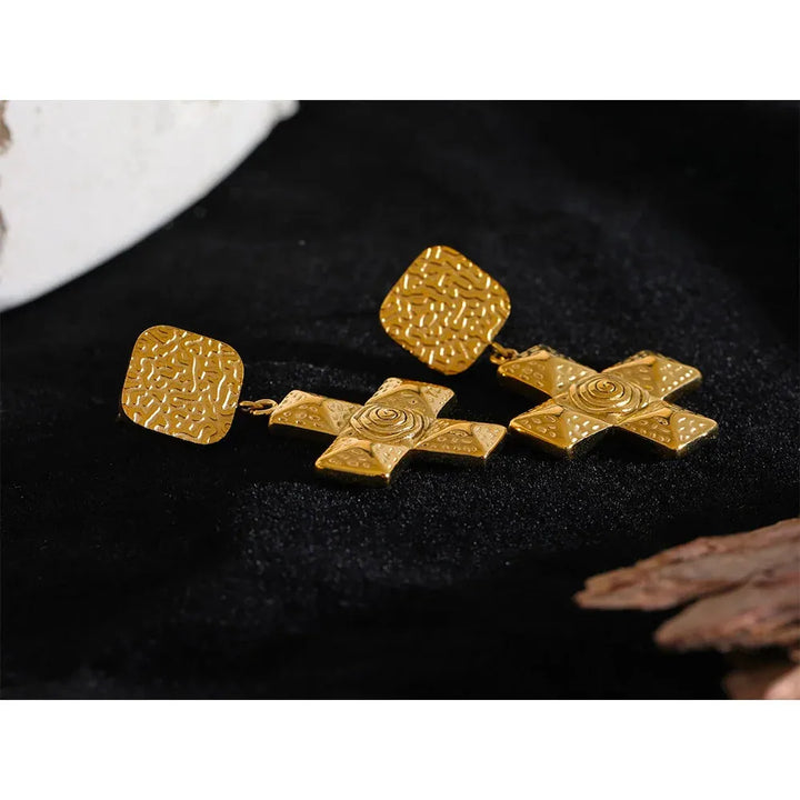 Gold plated square cross classic drop earrings
