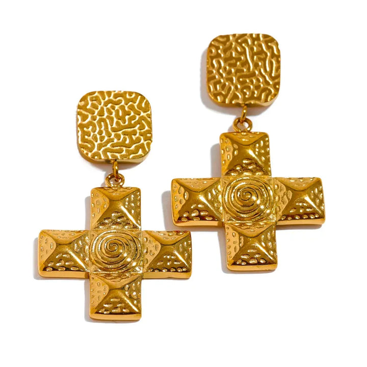 Gold Plated Square Cross Classic Drop Earrings - Dazzle Jewellery