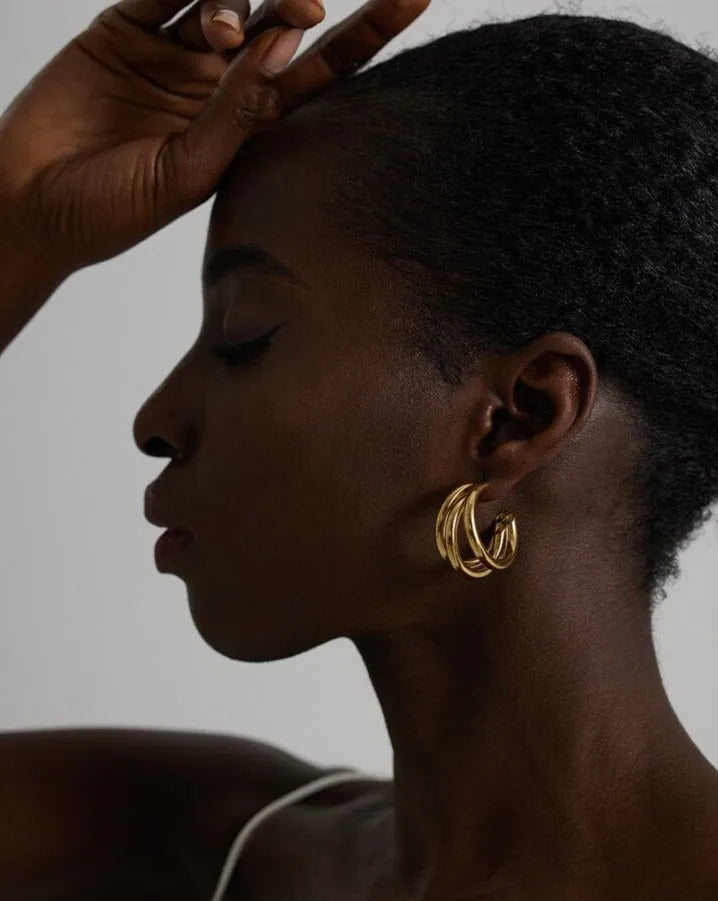 Gold plated statement triple hollowed earrings
