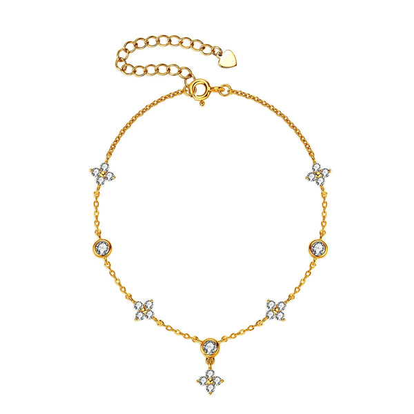 Gold Plated Sterling Silver Four-Leaf Charm Adjustable Moissanite Bracelet - Dazzle Jewellery