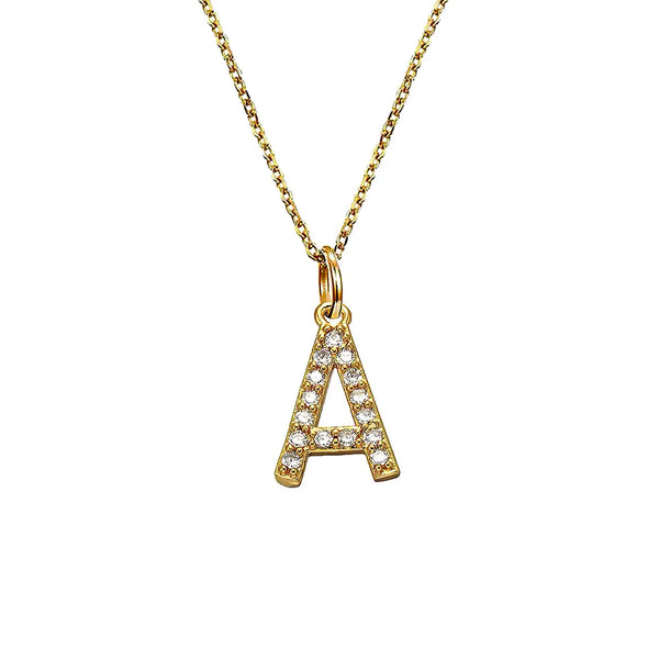 Gold Plated Sterling Silver Moissanite Paved Tiny Initial Letter Necklace - Dazzle Jewellery