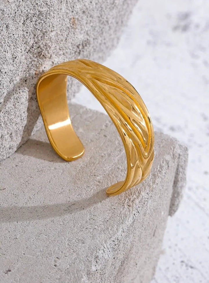 Gold plated textured bangle cuff statement bracelet