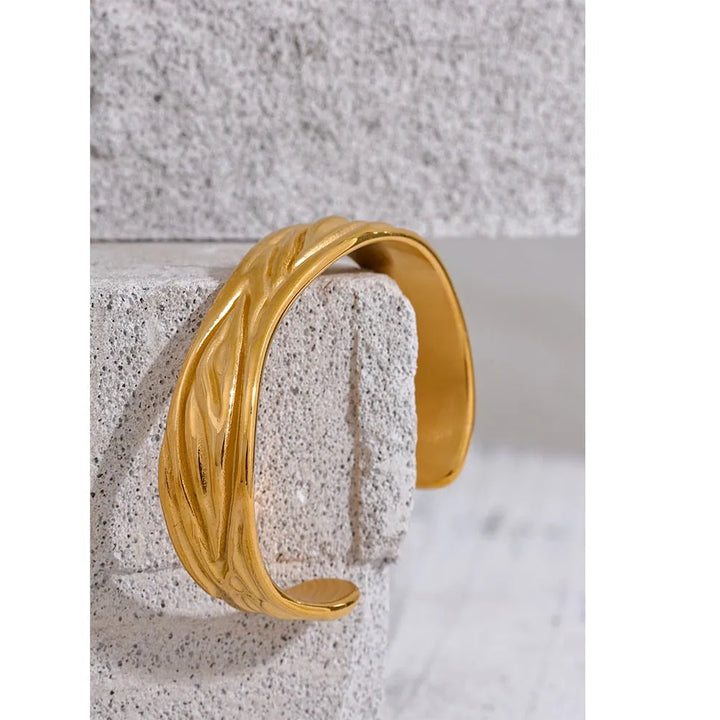 Gold plated textured bangle cuff statement bracelet