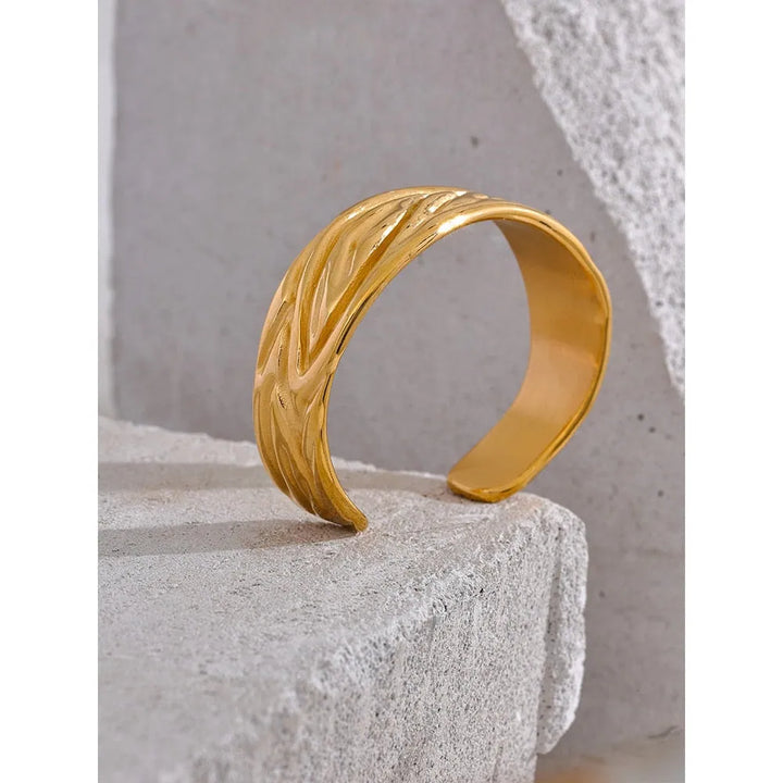 Gold plated textured bangle cuff statement bracelet