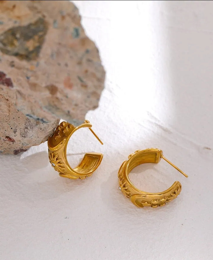 Gold plated textured star moon earrings