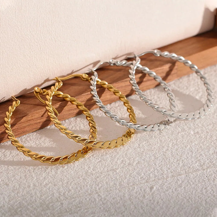 Gold plated twist big hoop earrings