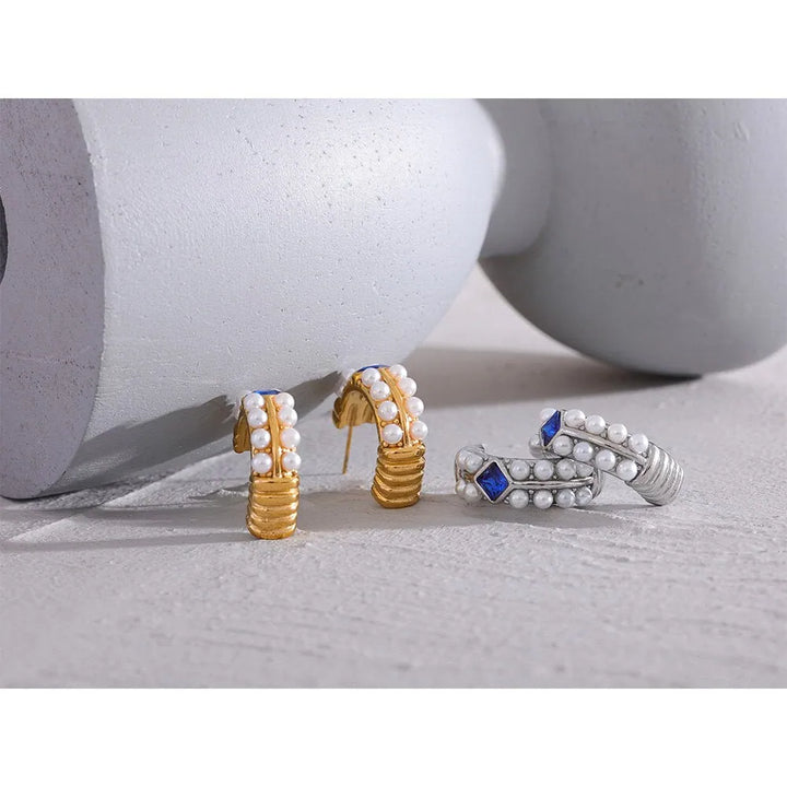 Gold plated vintage imitation pearl c shaped huggie earrings