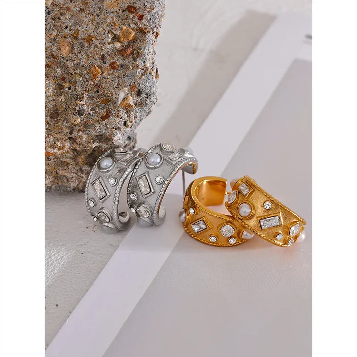 Gold plated zircon pearl c shaped textured earrings