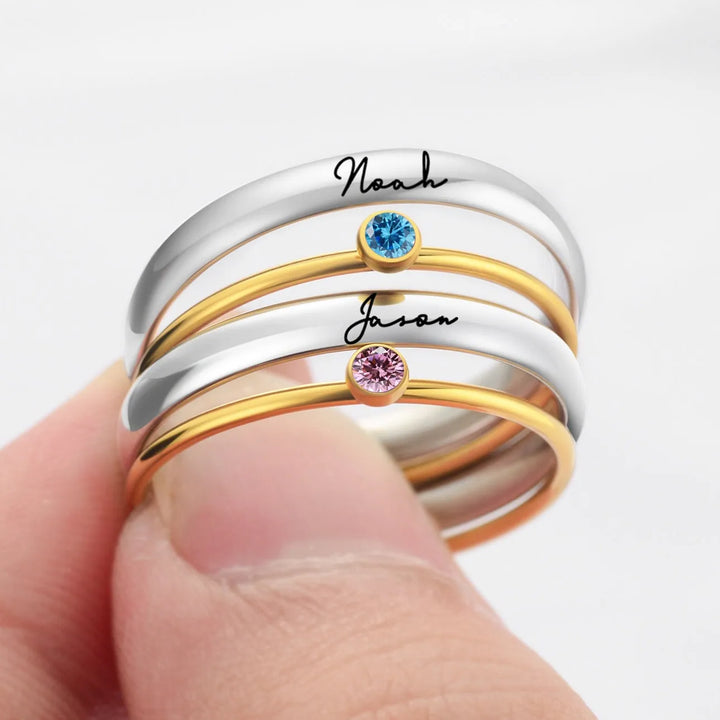 Personalized name birthstone multi ring