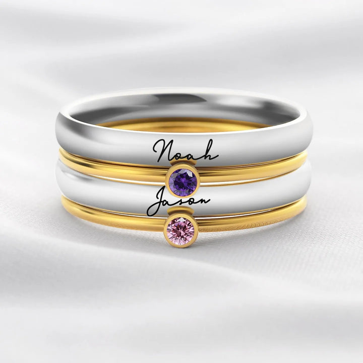 Personalized name birthstone multi ring