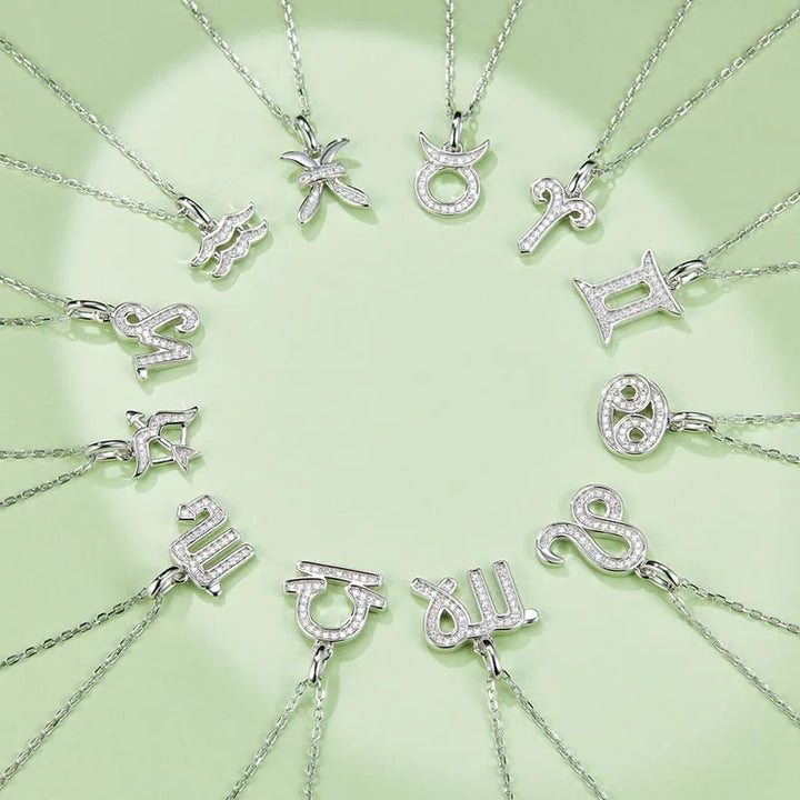 Sterling silver zodiac symbol paved moissanite necklace